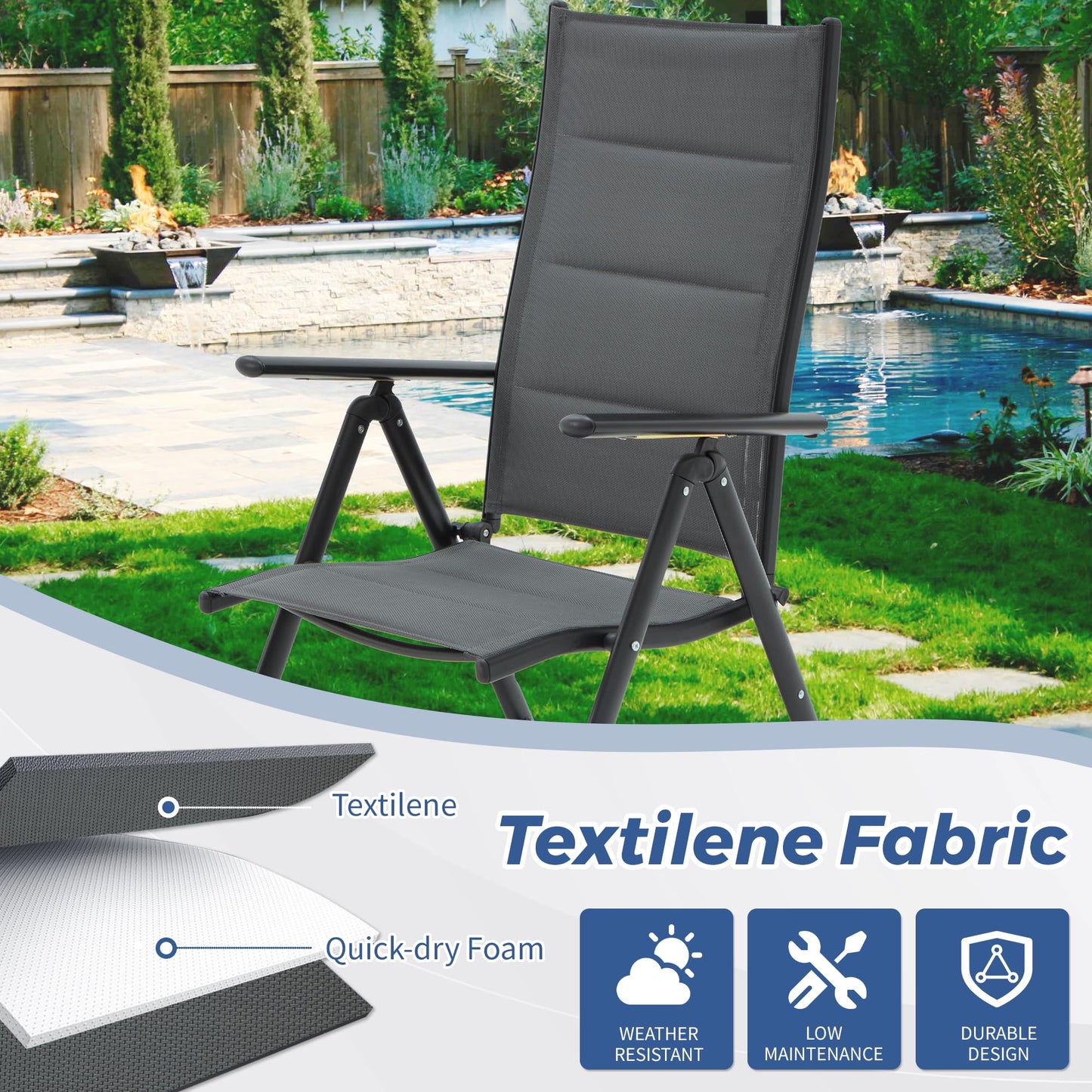 BUPPLEE 9-Piece Outdoor Dining Set with Folding Chairs & Adjustable Table – Black