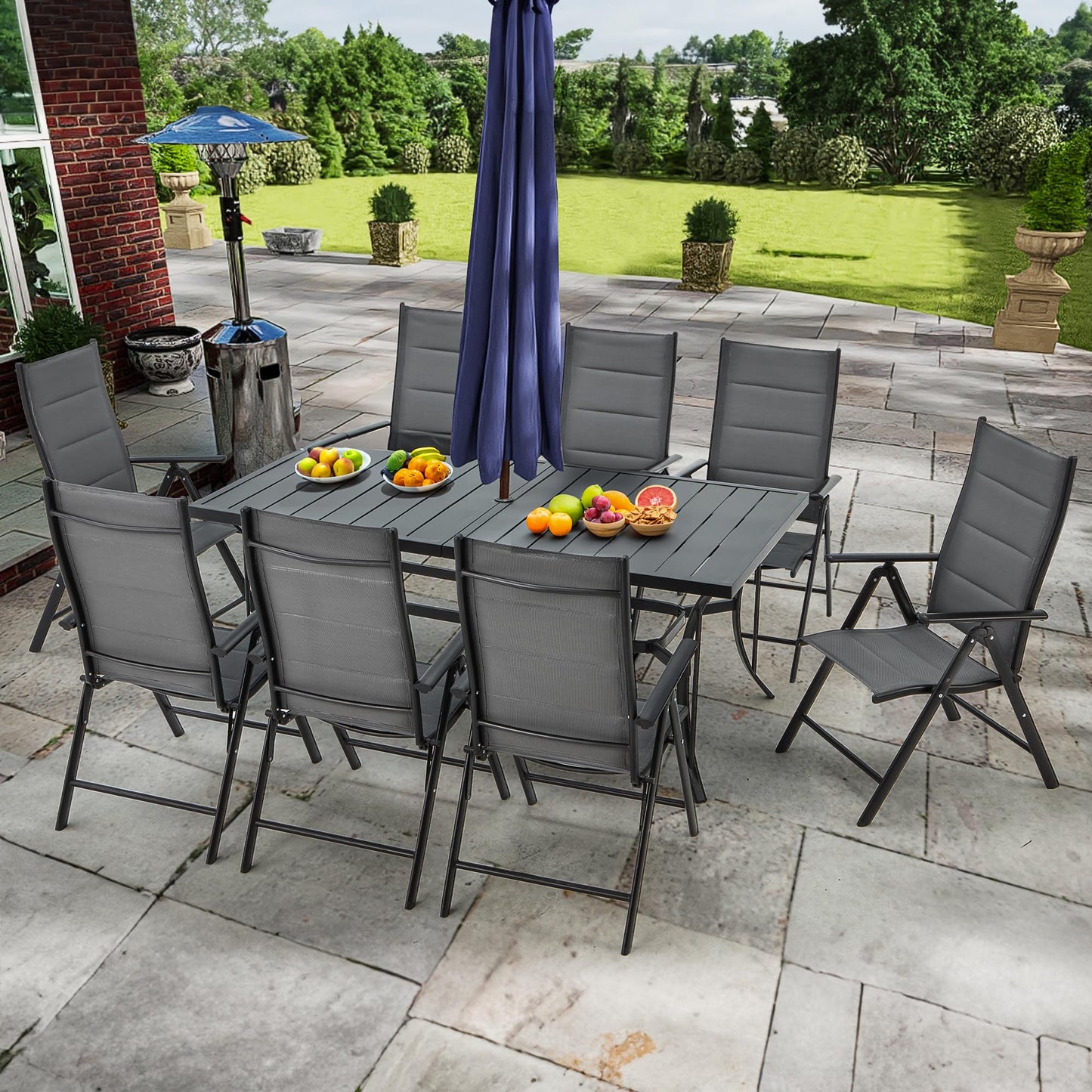BUPPLEE 9-Piece Outdoor Dining Set with Folding Chairs & Adjustable Table – Black