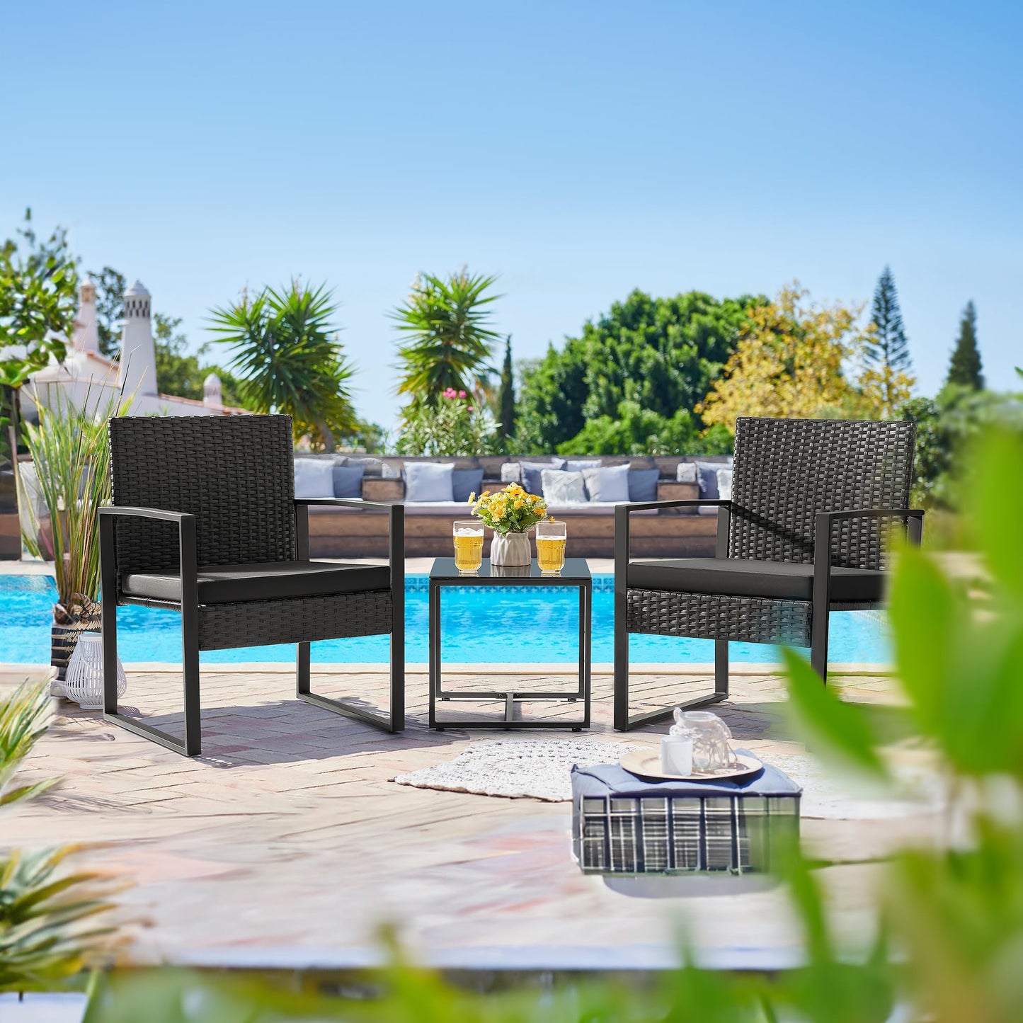 3-Piece Outdoor Patio Furniture Set – Modern Rattan Chairs with Coffee Table (Black)