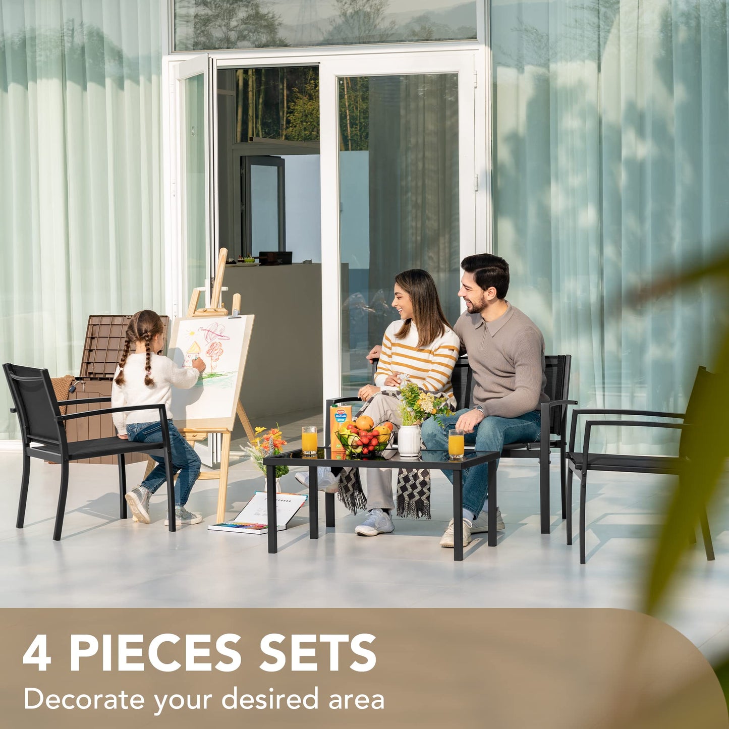 Devoko 4-Piece Outdoor Patio Furniture Set – Wicker Chairs & Glass Coffee Table, Black