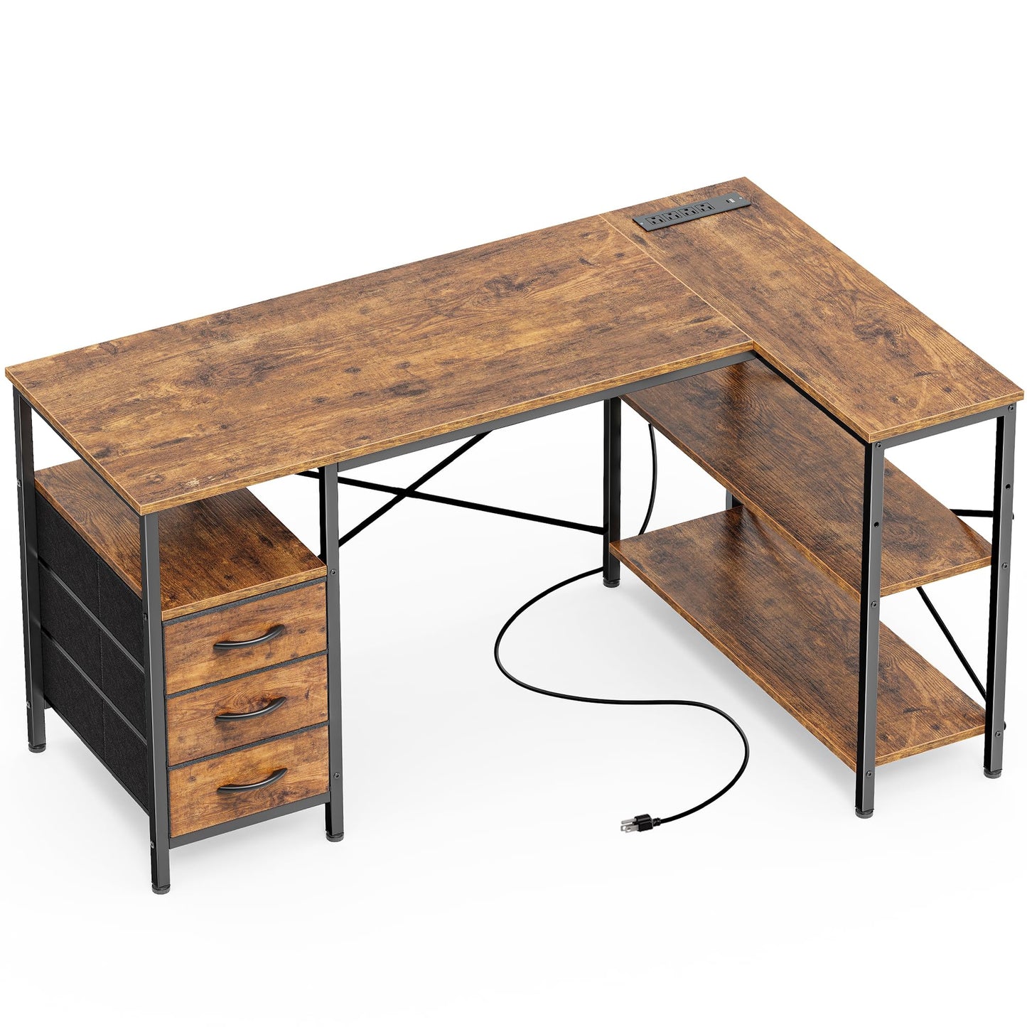 Huuger L-Shaped Office Desk with Power Outlets, Drawers & Shelves – 47” Rustic Brown