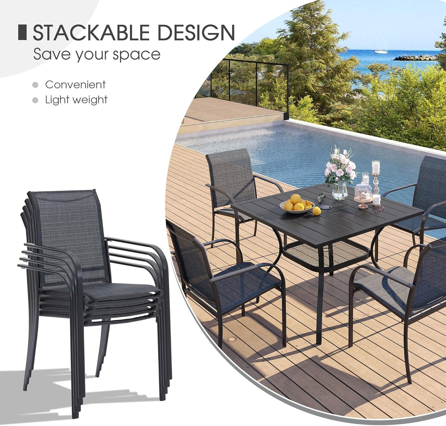 5-Piece Outdoor Dining Set with Square Table & Stackable Sling Chairs – Black/Grey