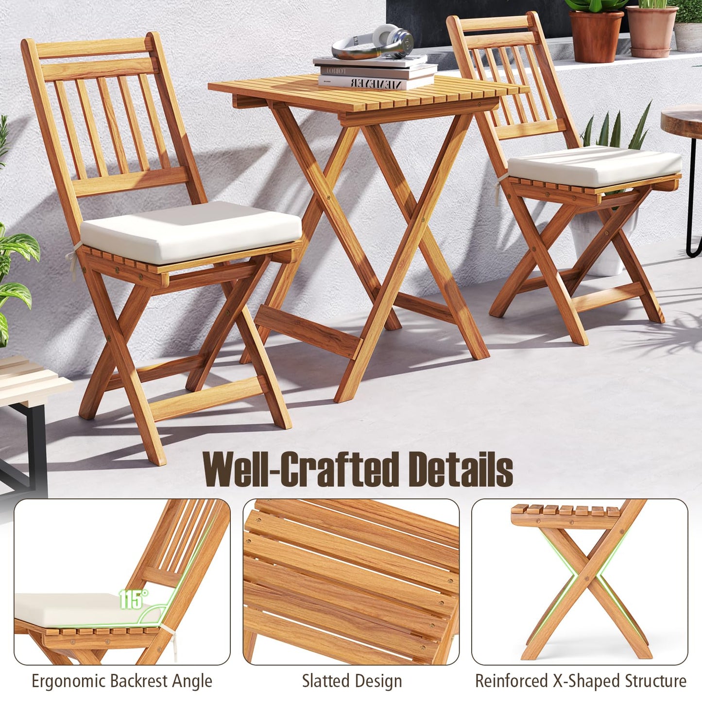 3-Piece Outdoor Folding Bistro Set with Cushioned Chairs – Off White