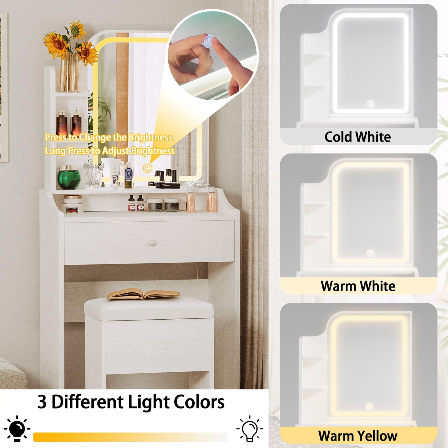 LIKIMIO Small Makeup Vanity Desk with Mirror & Lights – Storage Drawer, Chair & Shelves, White
