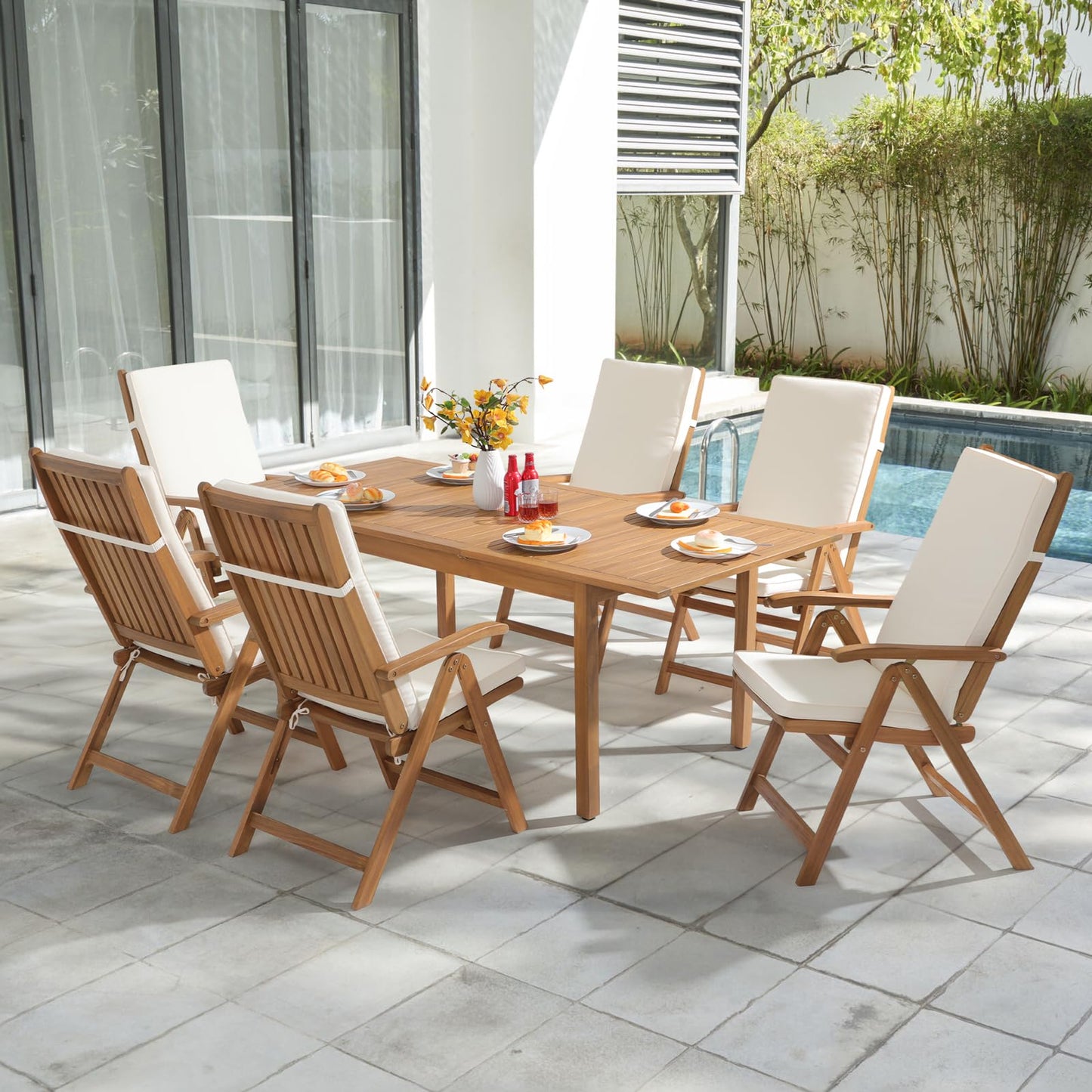 7-Piece Patio Dining Set with Extendable Table & Reclining Chairs – Beige