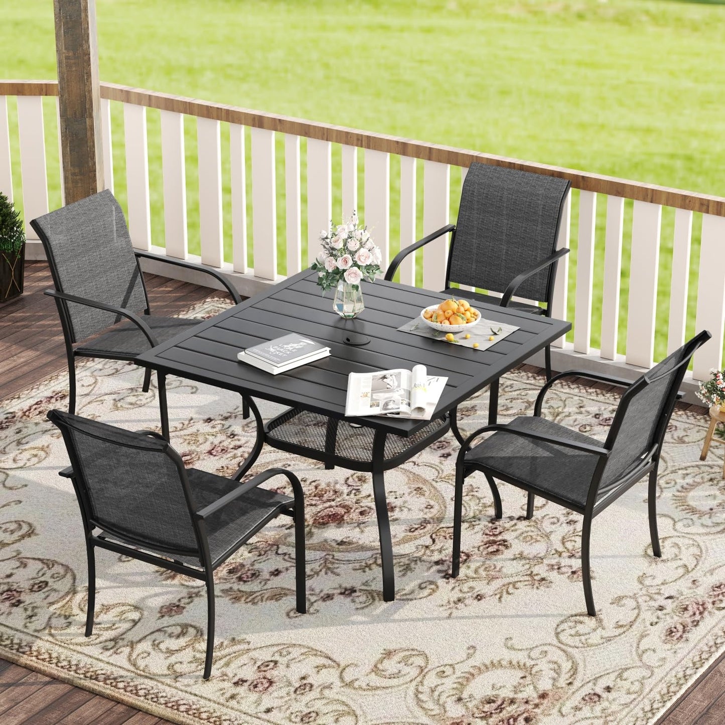 5-Piece Outdoor Dining Set with Square Table & Stackable Sling Chairs – Black/Grey