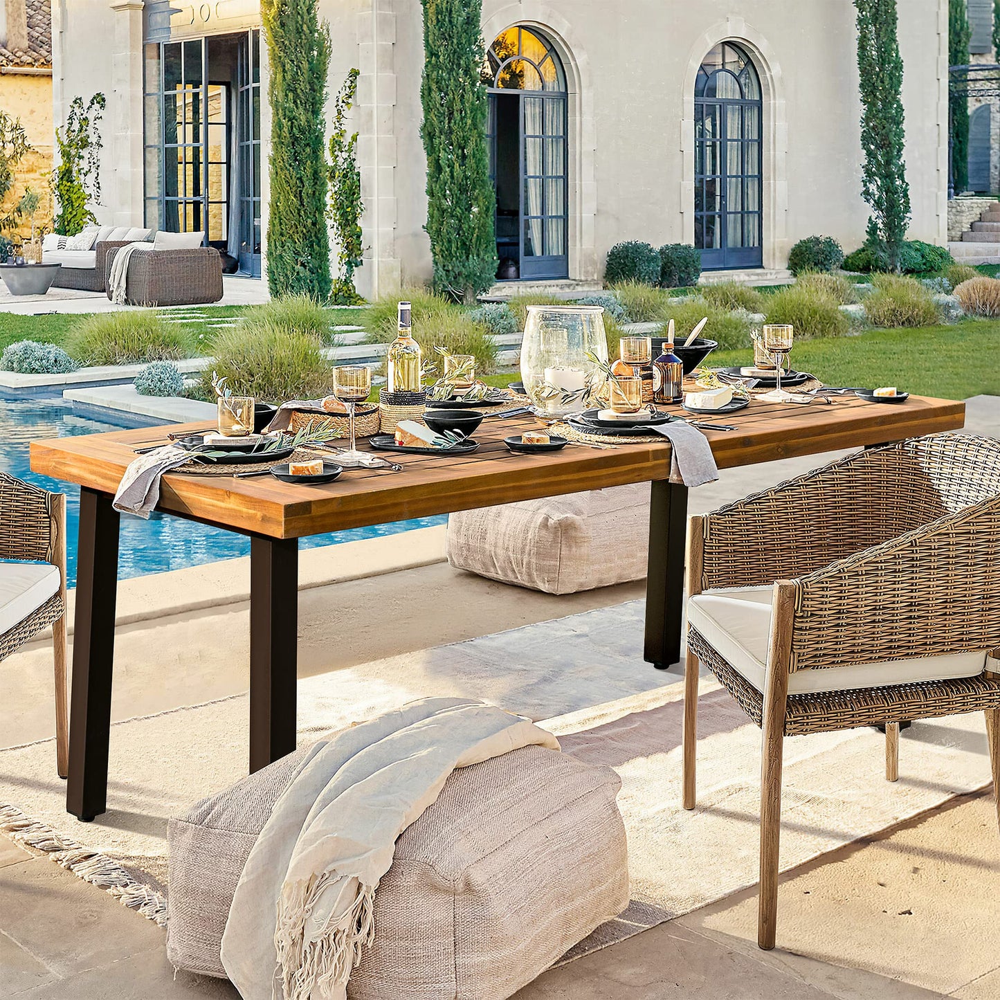 Devoko 6-Person Acacia Wood Dining Table – Rustic Indoor/Outdoor Table with Iron Legs, Natural Finish