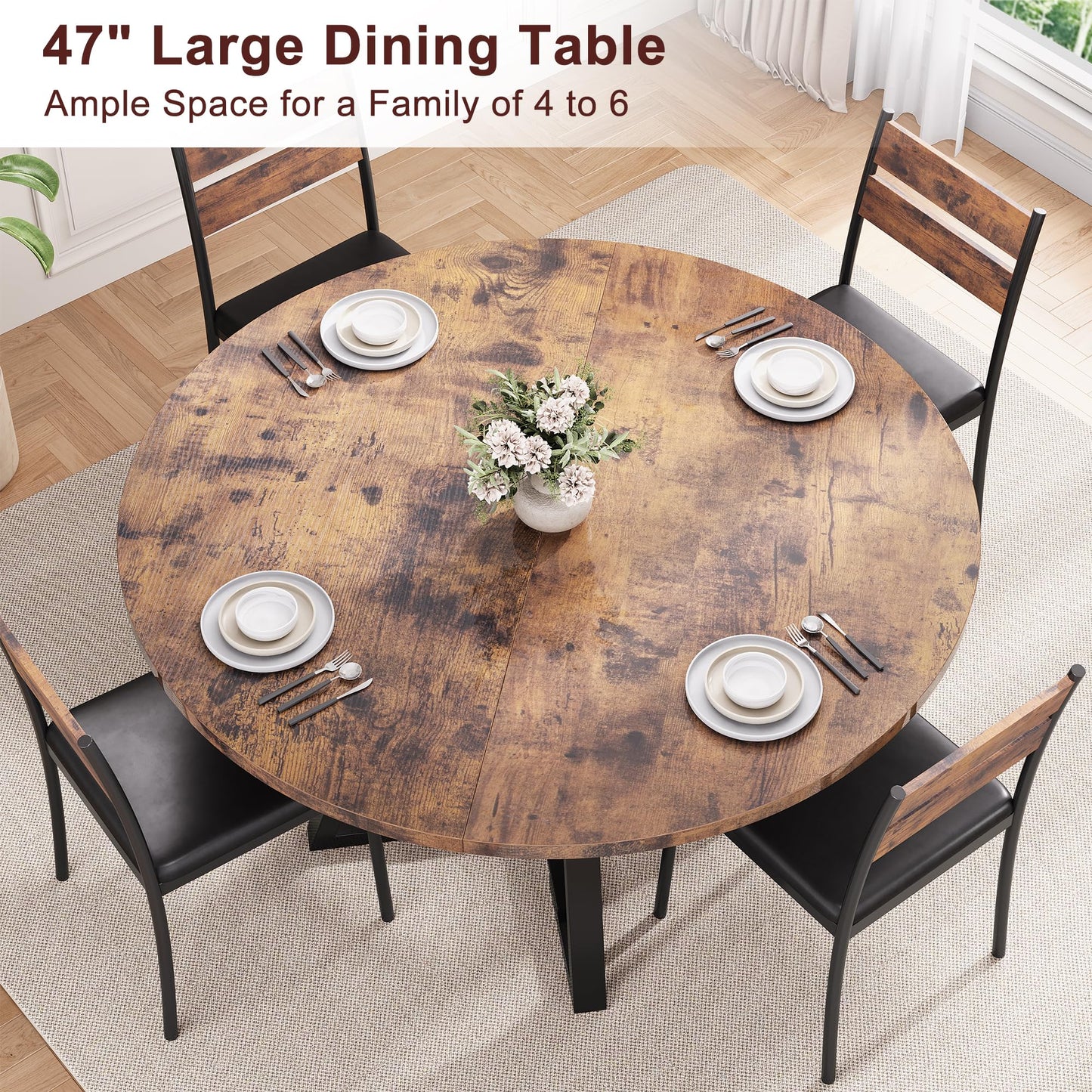 Jocoevol 47" Round Dining Table for 4 – Space-Saving Pedestal Wood Table for Kitchen & Dining Room, Vintage Finish