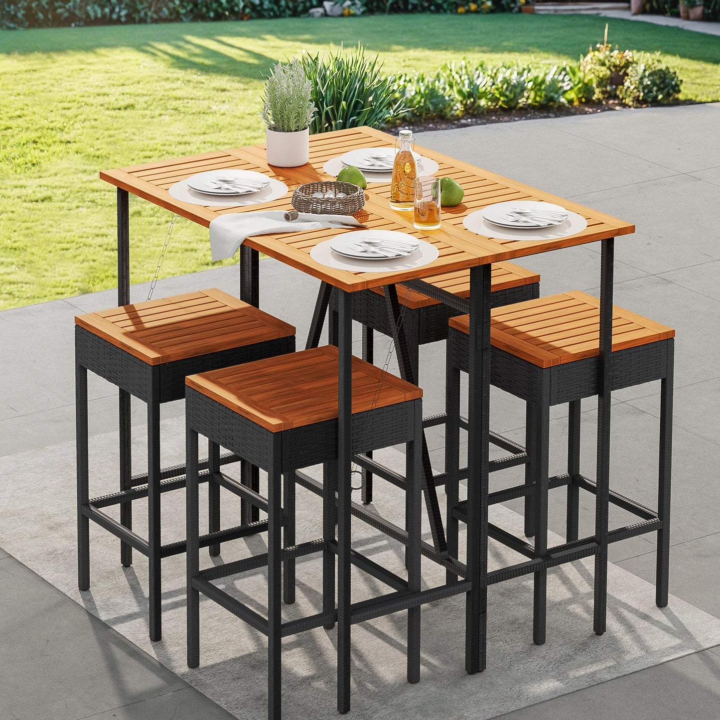 5-Piece Outdoor Bar Set with High Top Table & Foldable Stools – Acacia Wood