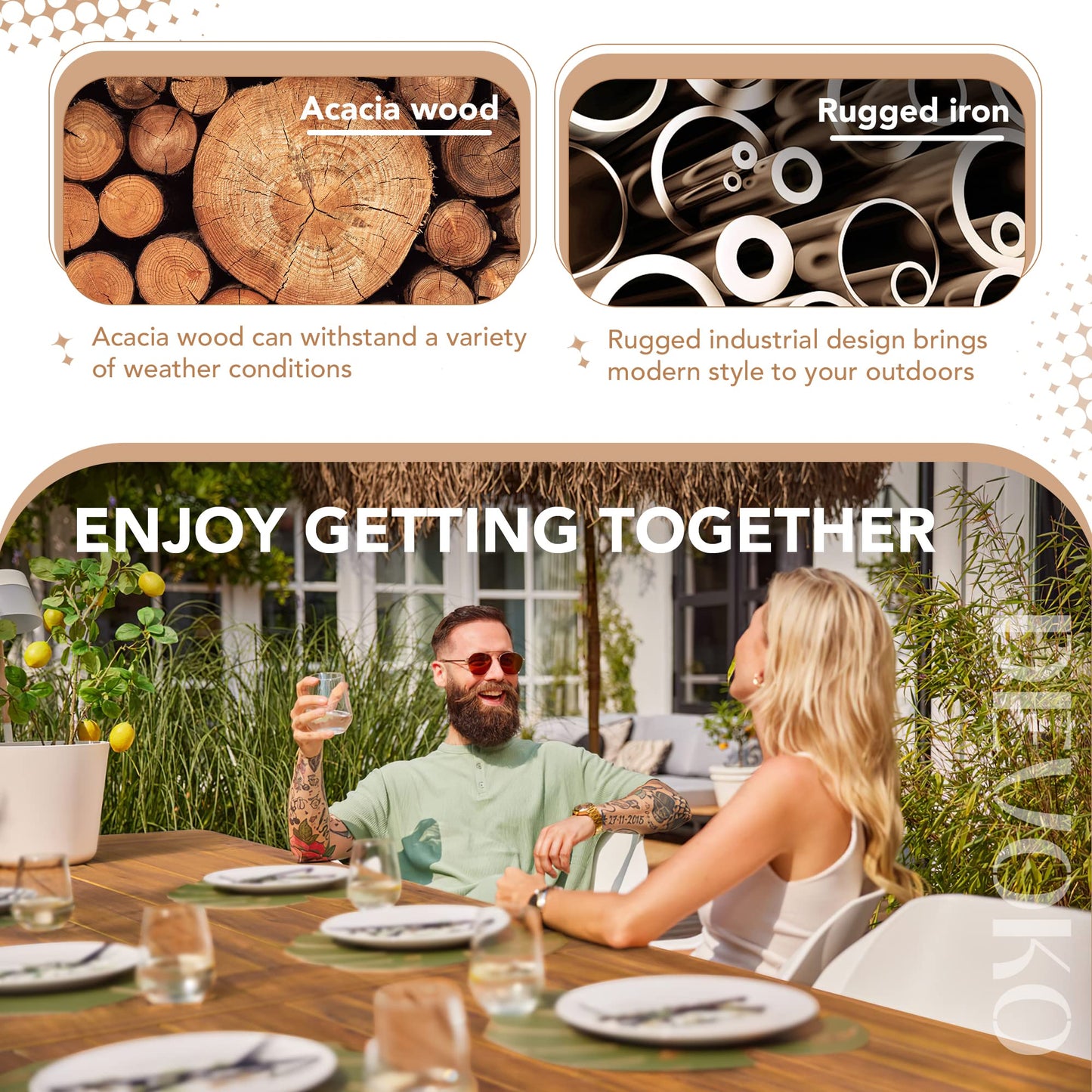 Devoko 6-Person Acacia Wood Dining Table – Rustic Indoor/Outdoor Table with Iron Legs, Natural Finish