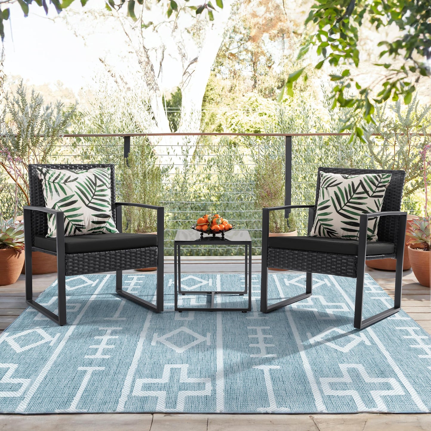 3-Piece Outdoor Patio Furniture Set – Modern Rattan Chairs with Coffee Table (Black)