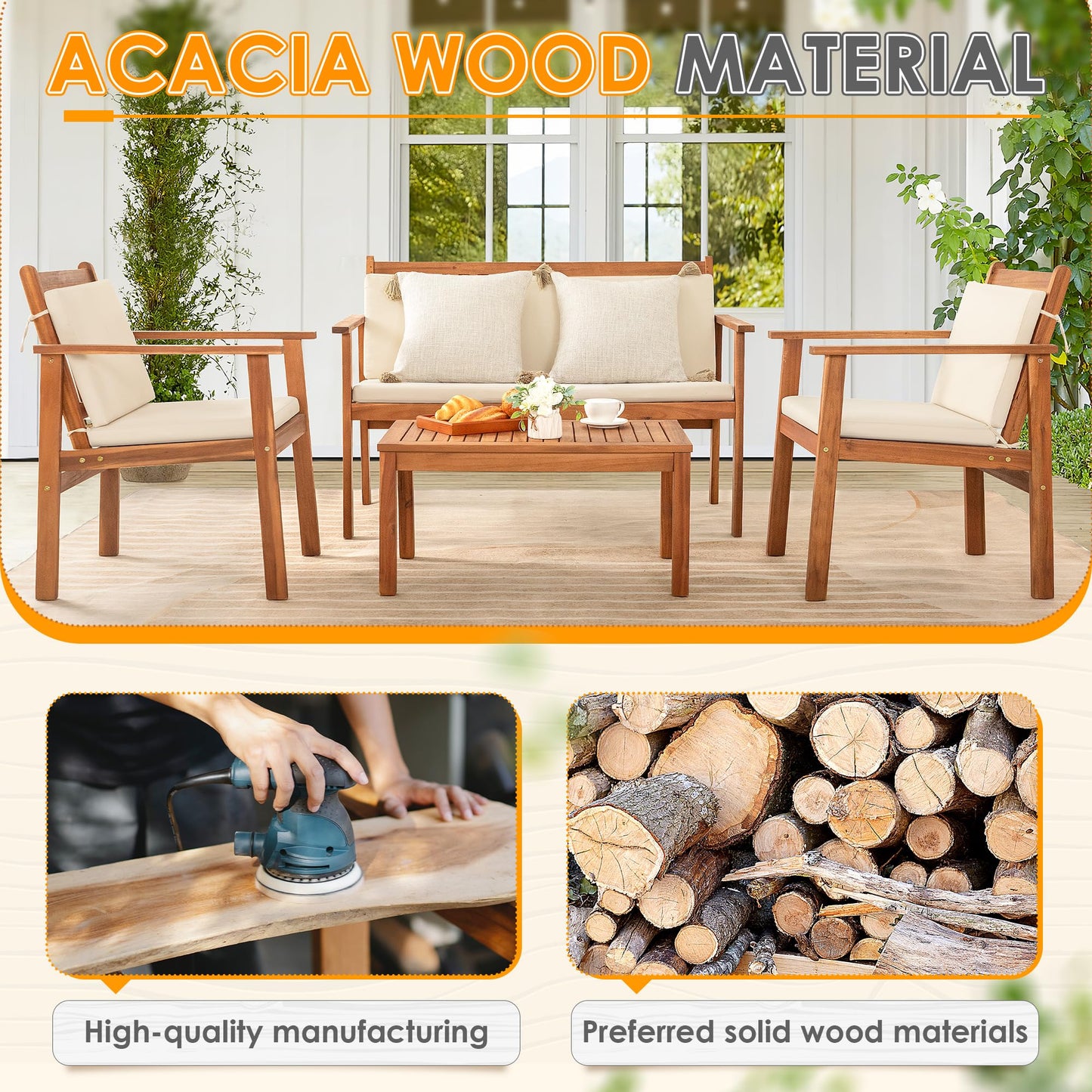 Greesum 4-Piece Outdoor Bistro Patio Furniture Set – Acacia Wood Chairs with Cushions & Coffee Table