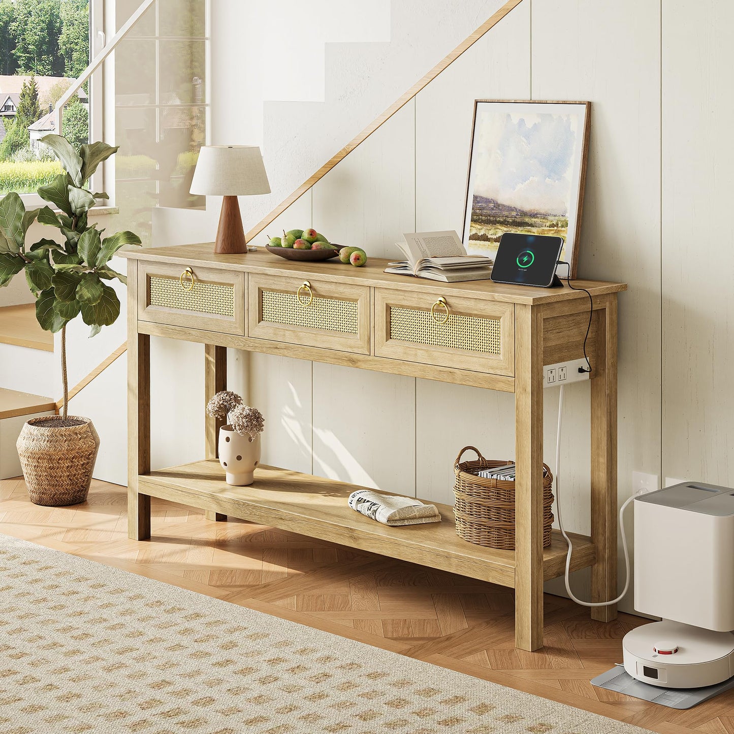 SUPERJARE Rattan Console Table with USB-C & Outlets – 3 Drawers, Natural