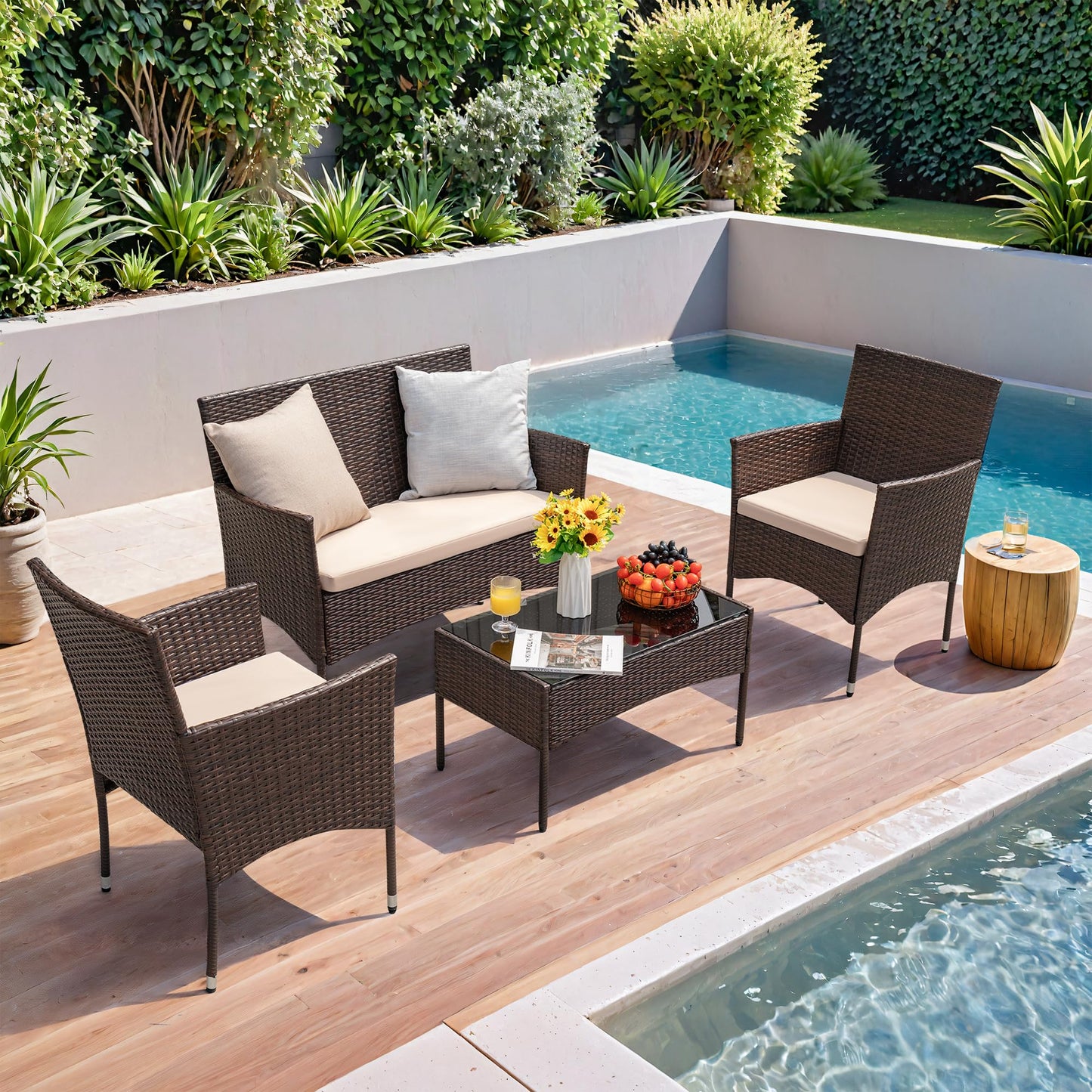 Homall 4-Piece Outdoor Patio Furniture Set – Rattan Chairs with Coffee Table, Brown/Beige