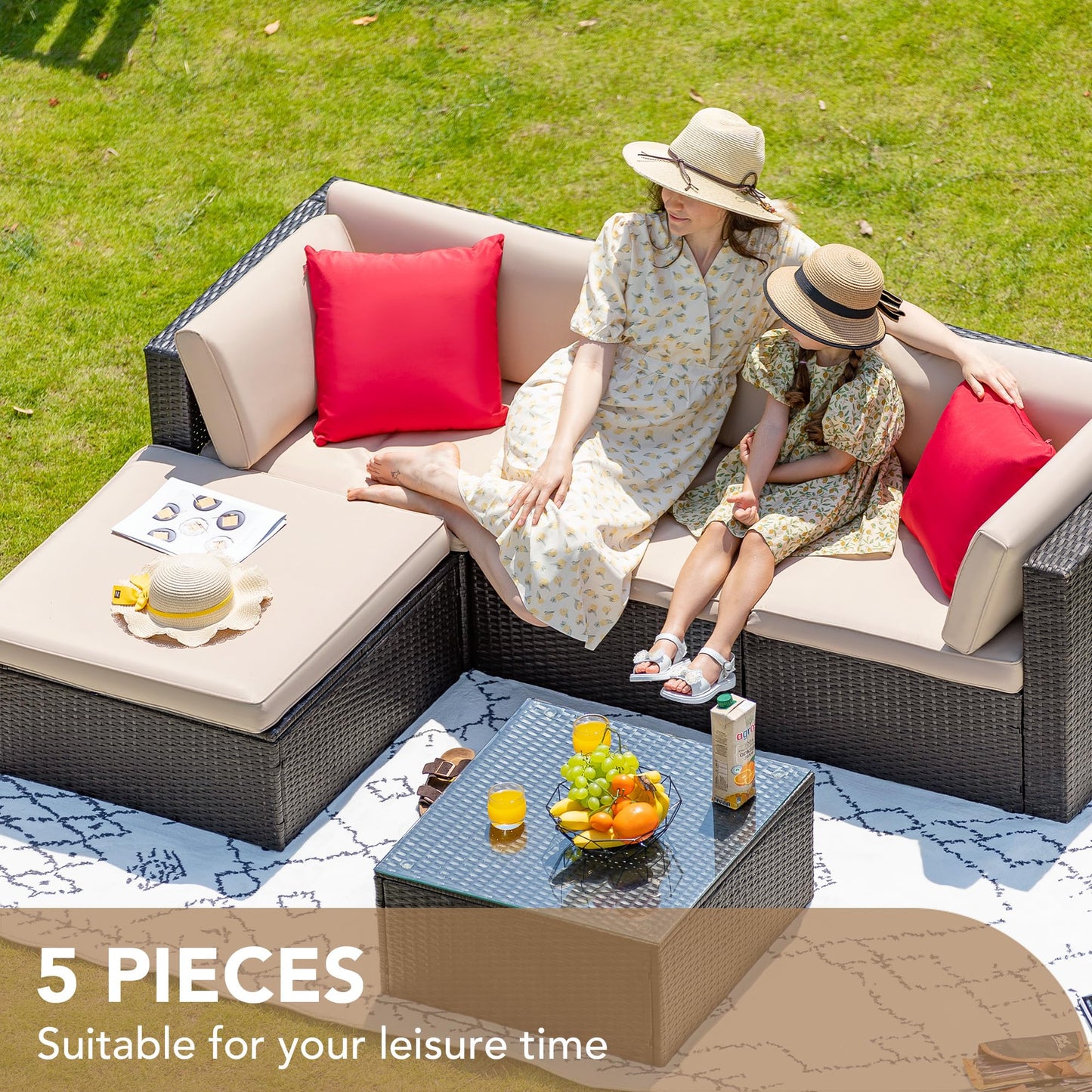 Devoko 5-Piece Outdoor Patio Furniture Set – Wicker Sectional Sofa with Cushions & Glass Table, Beige