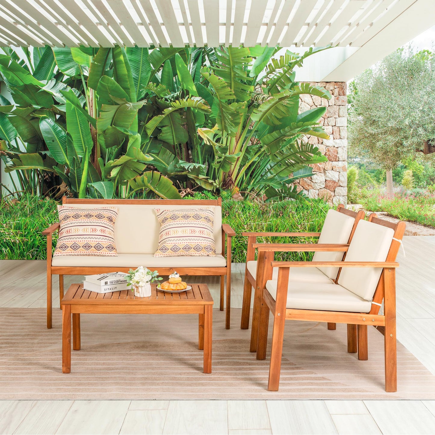 Greesum 4-Piece Outdoor Bistro Patio Furniture Set – Acacia Wood Chairs with Cushions & Coffee Table