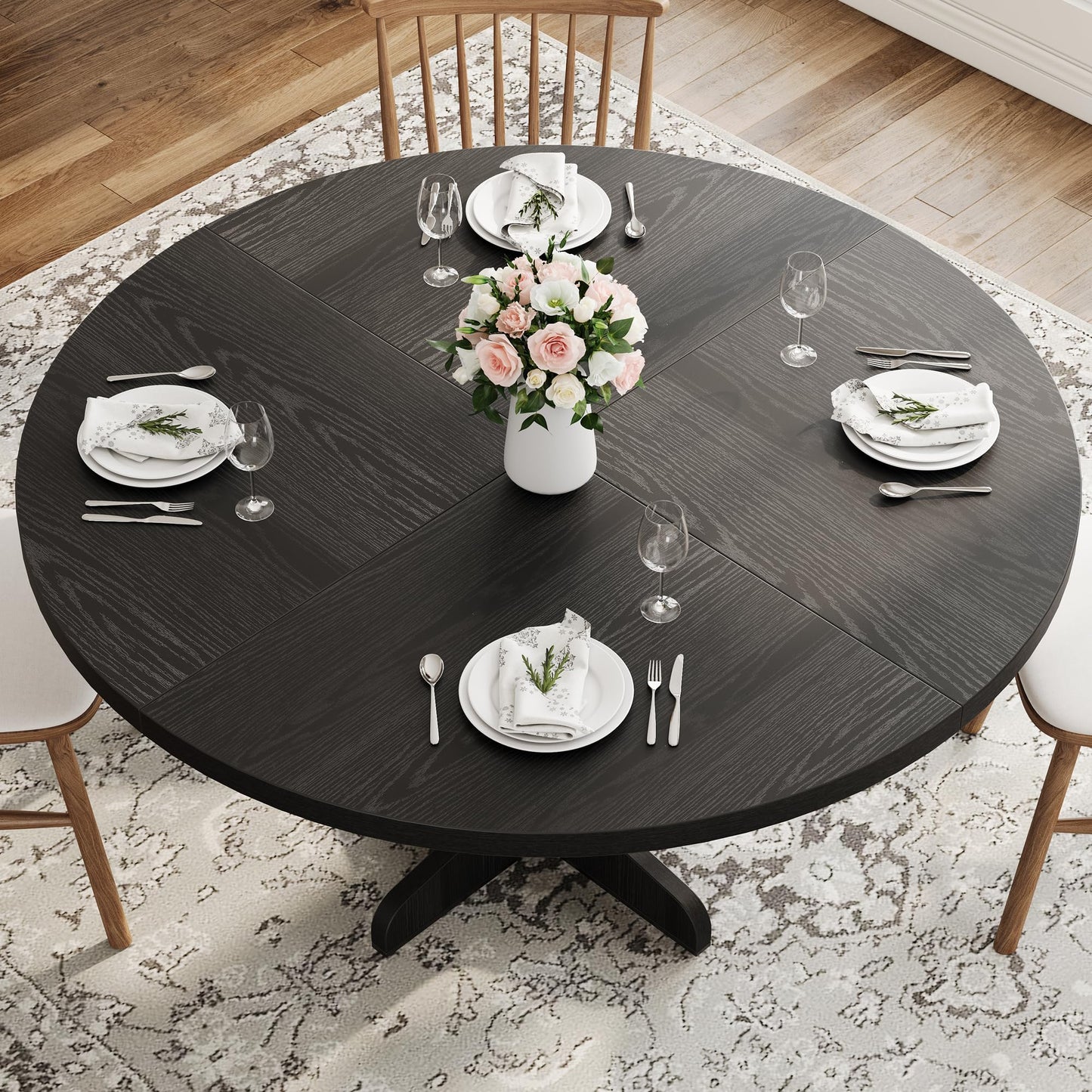 IDEALHOUSE 47" Round Dining Table – Modern Farmhouse Table for 4, Black