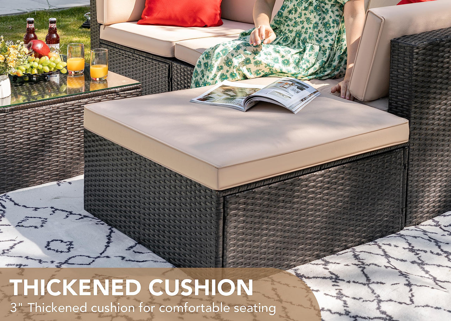 Devoko 5-Piece Outdoor Patio Furniture Set – Wicker Sectional Sofa with Cushions & Glass Table, Beige