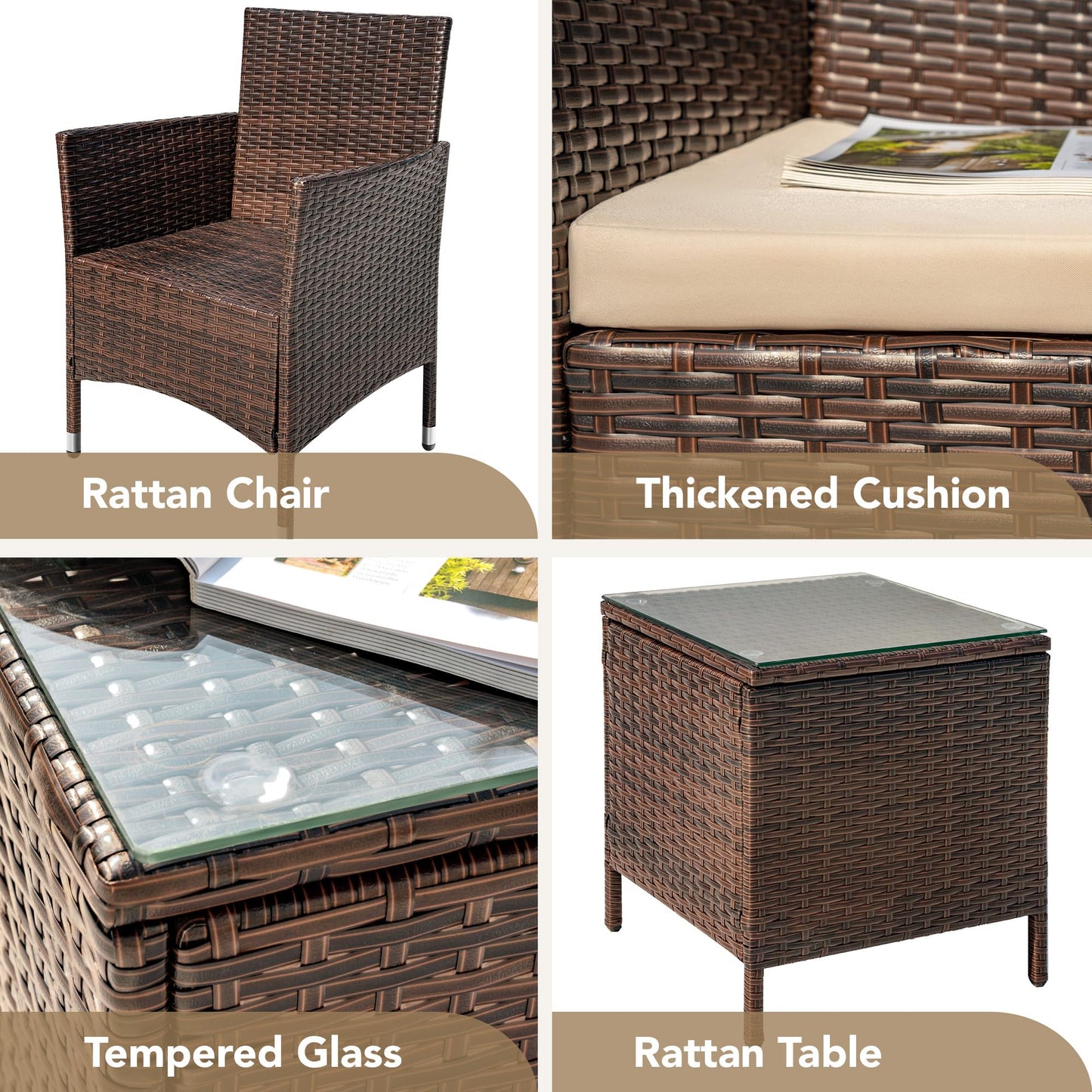 3-Piece Rattan Patio Furniture Set – Brown/Beige Chairs with Coffee Table