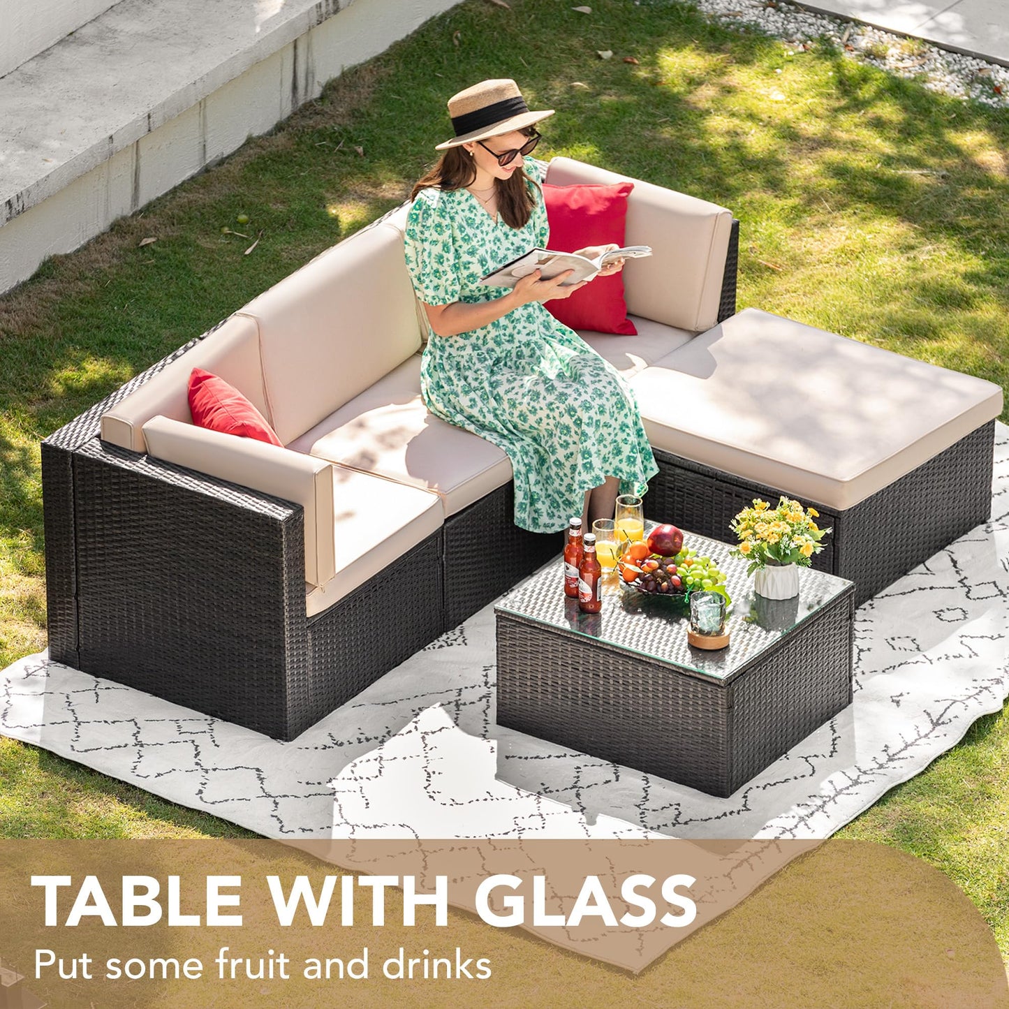 Devoko 5-Piece Outdoor Patio Furniture Set – Wicker Sectional Sofa with Cushions & Glass Table, Beige