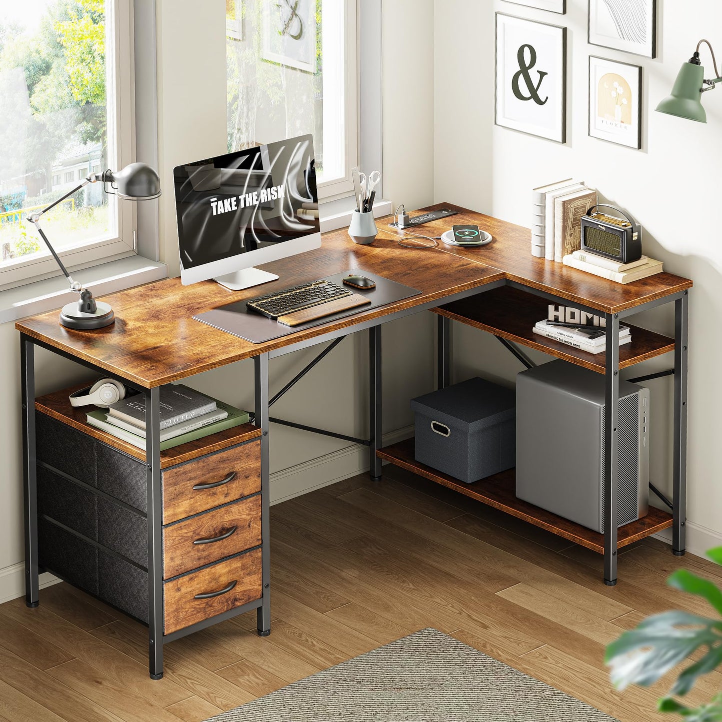 Huuger L-Shaped Office Desk with Power Outlets, Drawers & Shelves – 47” Rustic Brown