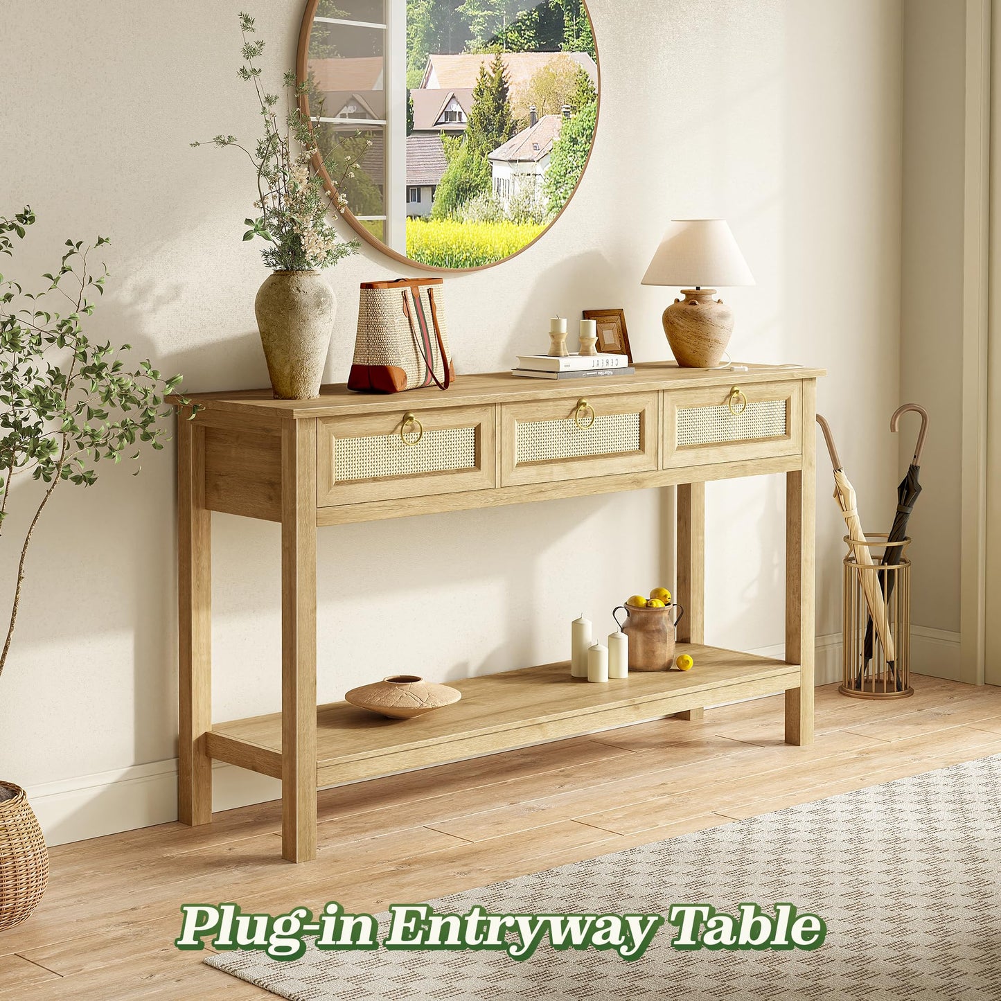 SUPERJARE Rattan Console Table with USB-C & Outlets – 3 Drawers, Natural