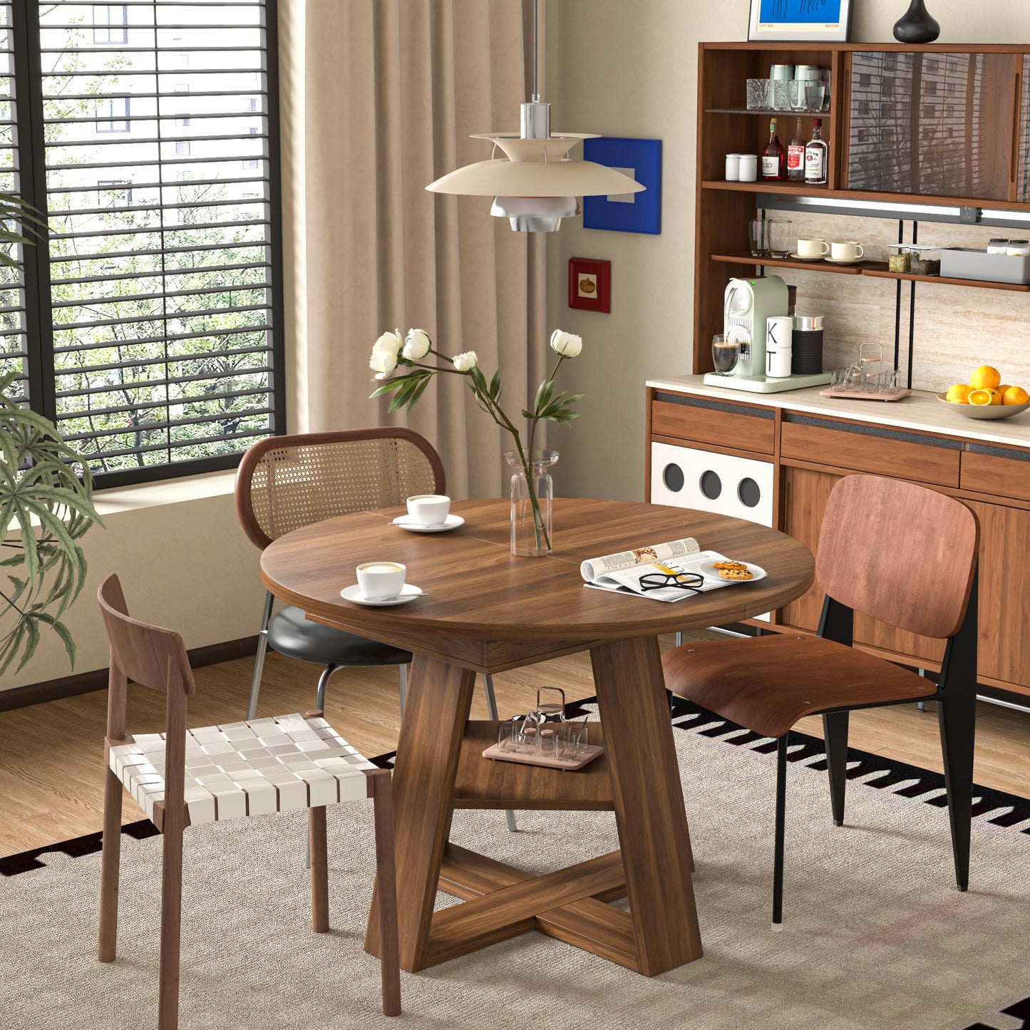 Extendable Round Dining Table 43–59" for 4–8, Walnut with Storage Shelf