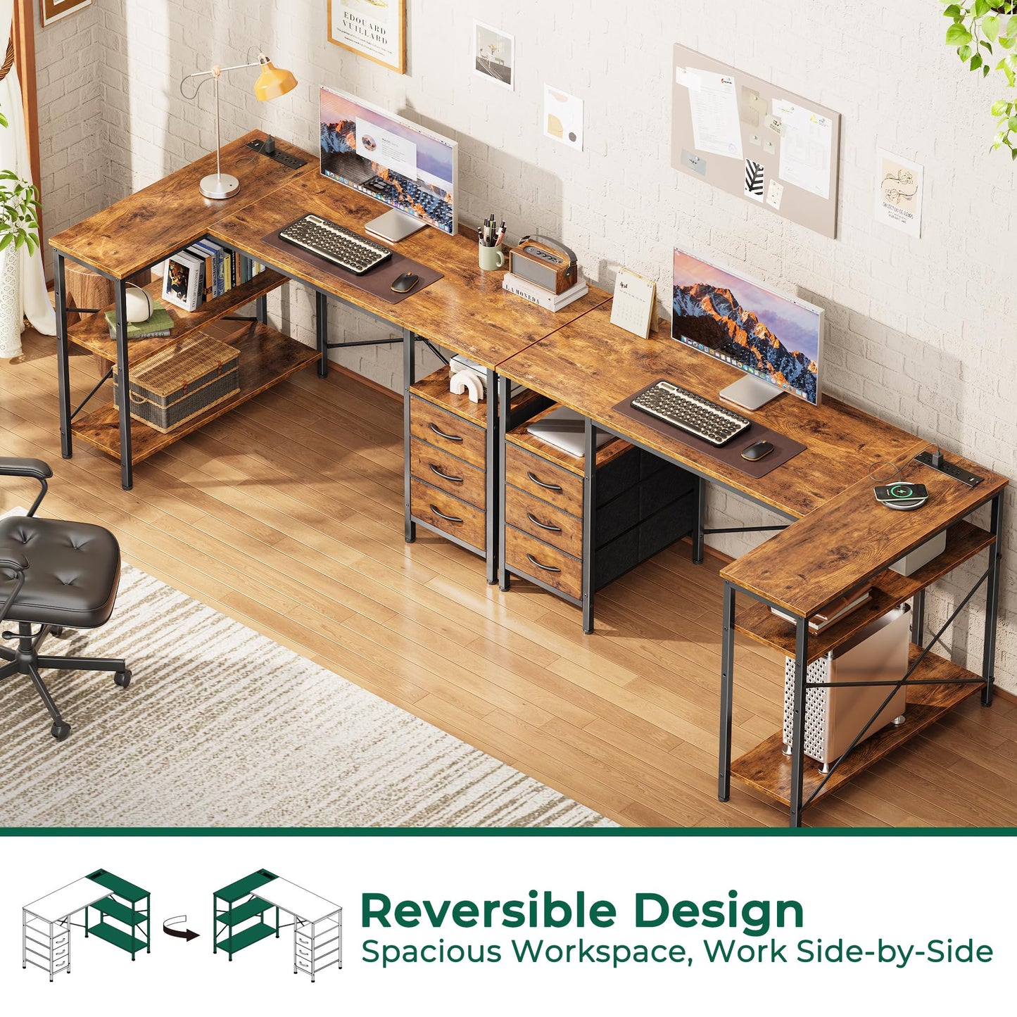 Huuger L-Shaped Office Desk with Power Outlets, Drawers & Shelves – 47” Rustic Brown