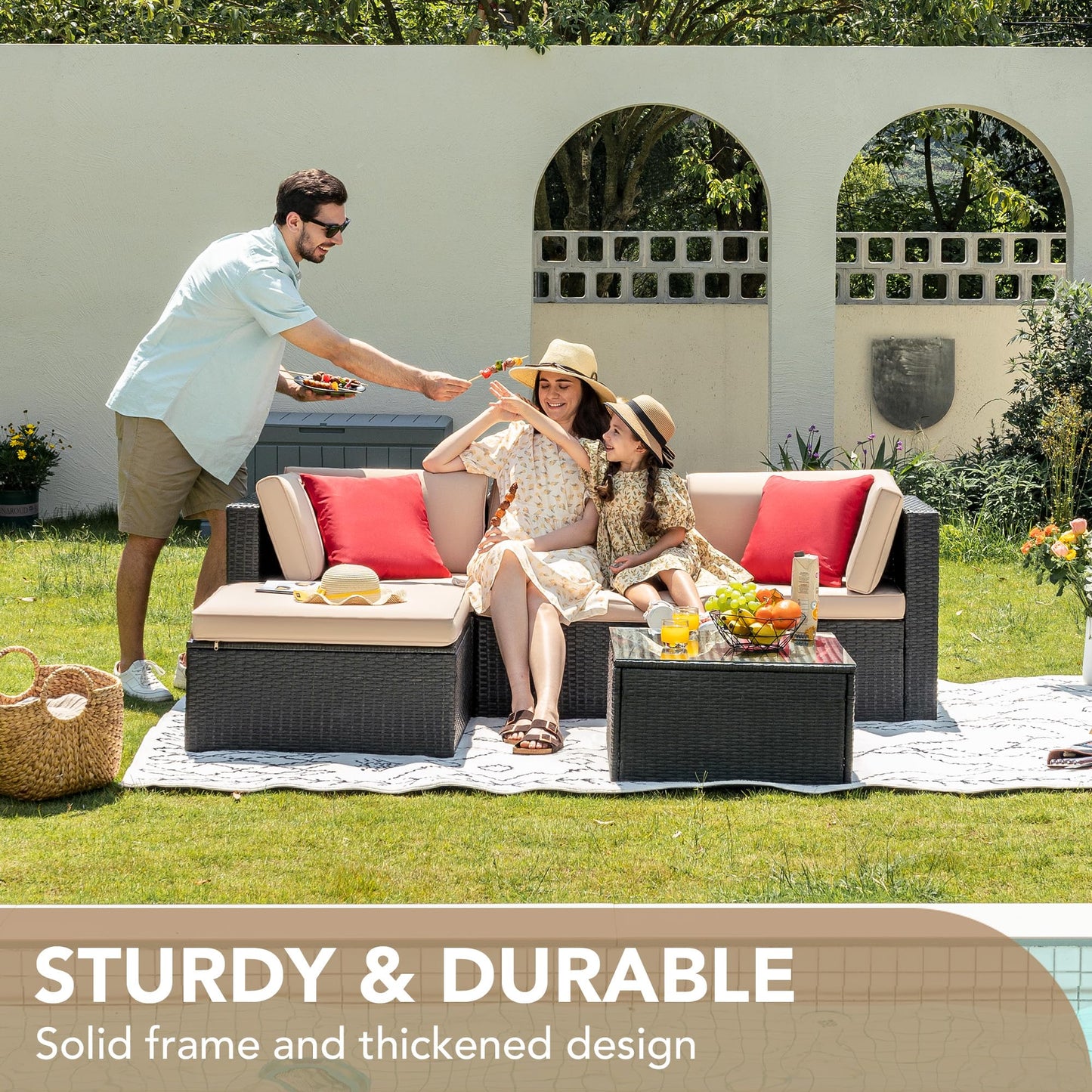 Devoko 5-Piece Outdoor Patio Furniture Set – Wicker Sectional Sofa with Cushions & Glass Table, Beige