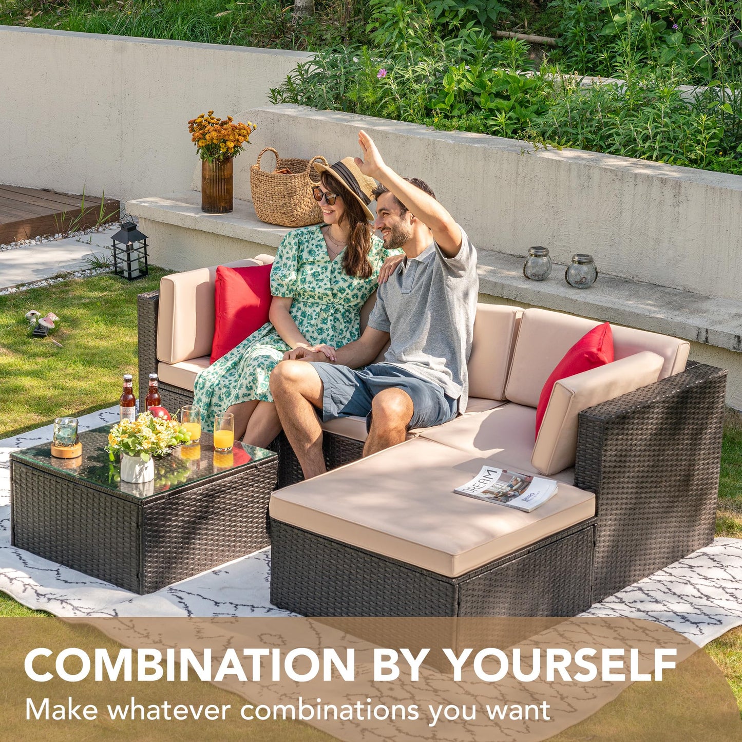 Devoko 5-Piece Outdoor Patio Furniture Set – Wicker Sectional Sofa with Cushions & Glass Table, Beige