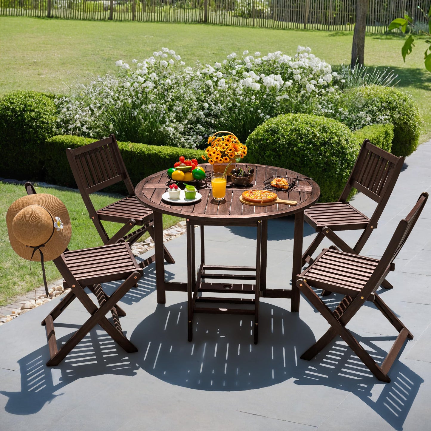 5-Piece Outdoor Dining Set with Folding Chairs & Round Wood Table – Brown