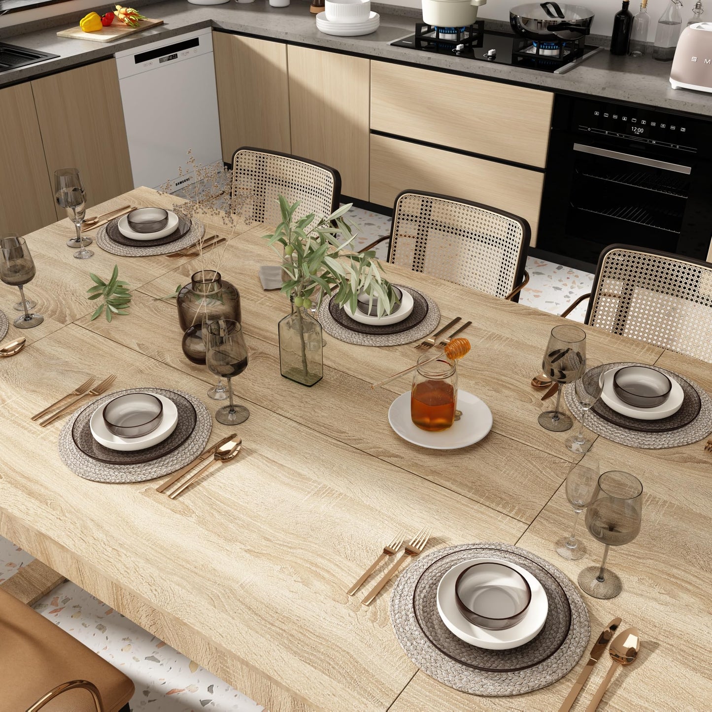 WOODTIME 86.6" Dining Table for 8-10 – Modern Light Brown Kitchen & Conference Table