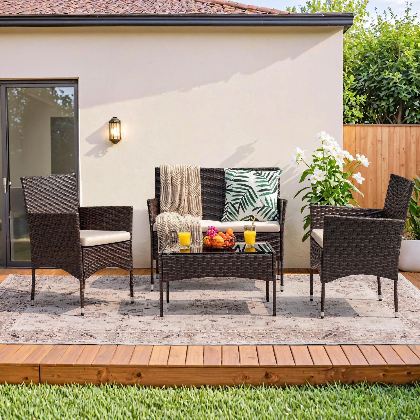 Homall 4-Piece Outdoor Patio Furniture Set – Rattan Chairs with Coffee Table, Brown/Beige