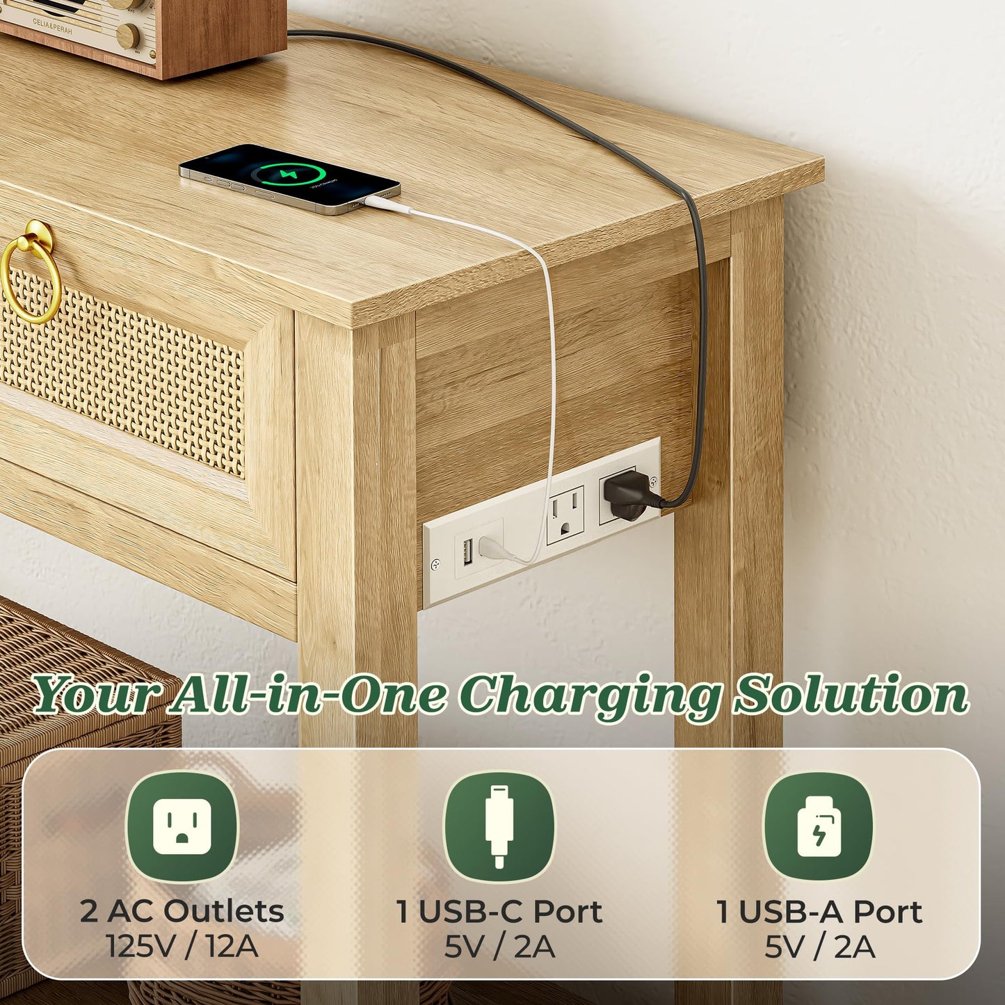SUPERJARE Rattan Console Table with USB-C & Outlets – 3 Drawers, Natural