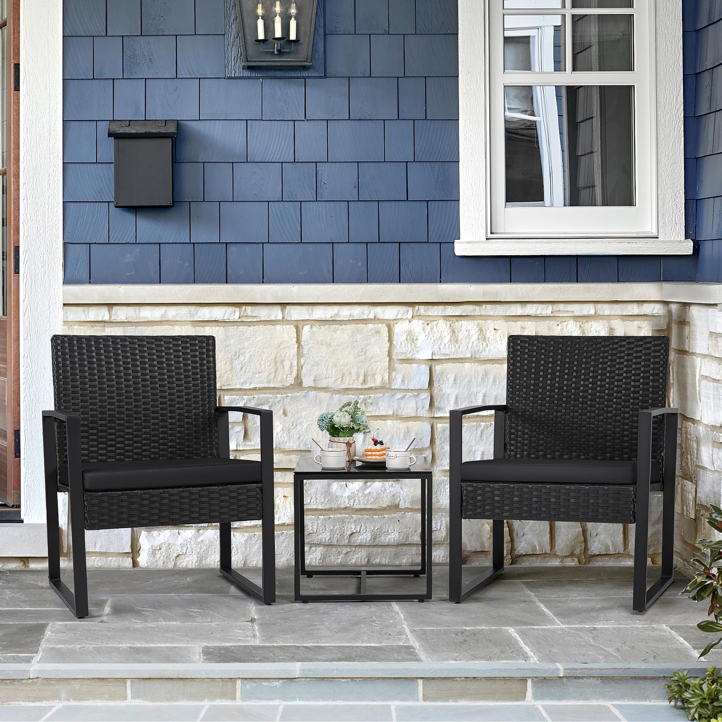 3-Piece Outdoor Patio Furniture Set – Modern Rattan Chairs with Coffee Table (Black)