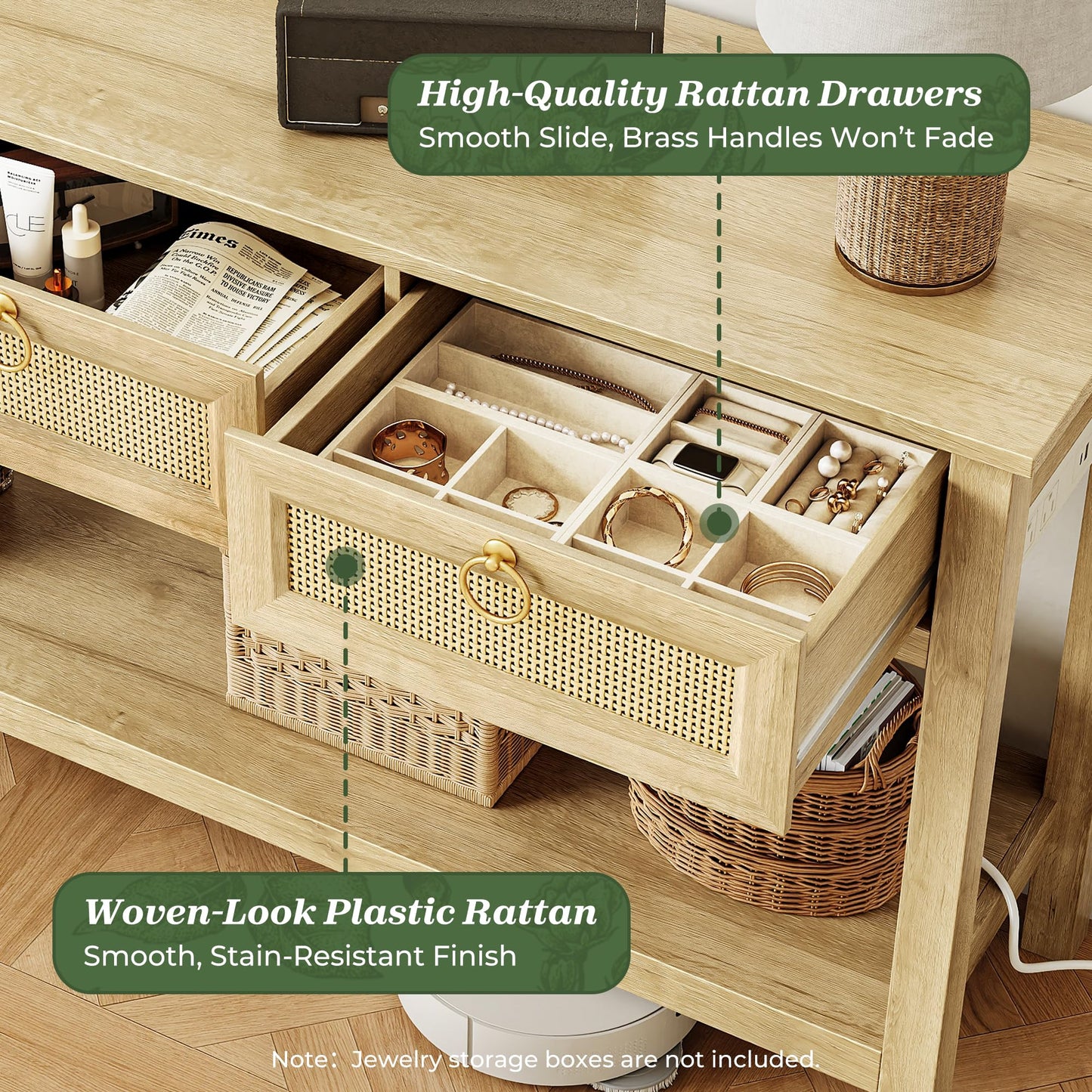 SUPERJARE Rattan Console Table with USB-C & Outlets – 3 Drawers, Natural