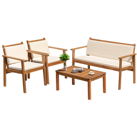 4-Piece Acacia Wood Patio Sofa Set with Cushions & Table – White