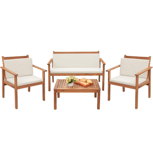 Greesum 4-Piece Outdoor Bistro Patio Furniture Set – Acacia Wood Chairs with Cushions & Coffee Table
