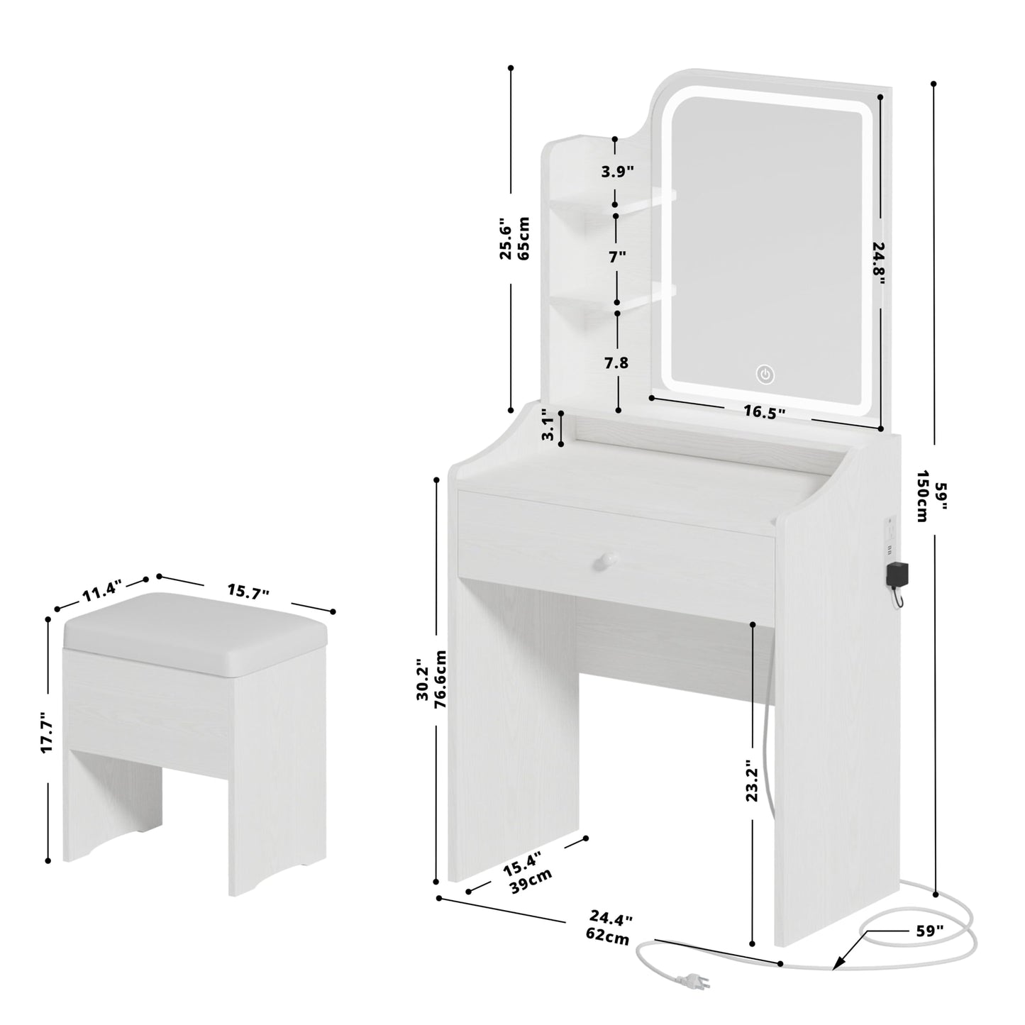 LIKIMIO Small Makeup Vanity Desk with Mirror & Lights – Storage Drawer, Chair & Shelves, White
