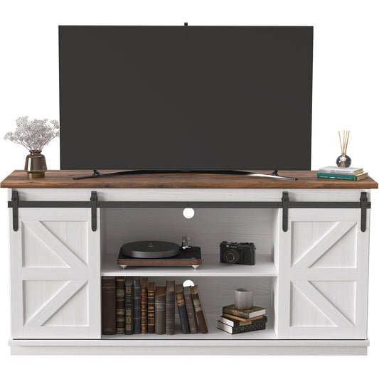 JUMMICO TV Stand for 65" TV – Mid-Century Modern Media Console with Sliding Barn Doors, Storage Cabinets, Bright White