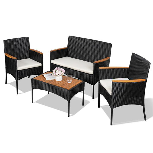 Shintenchi 4-Piece Outdoor Patio Furniture Set – Wicker Chairs with Cushions & Wooden Table, White
