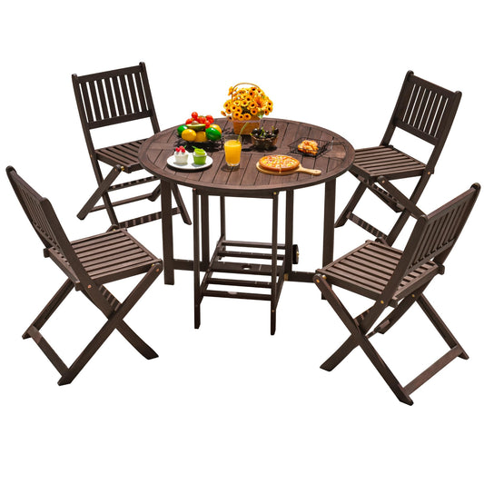 5-Piece Outdoor Dining Set with Folding Chairs & Round Wood Table – Brown
