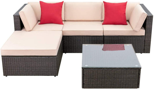 Devoko 5-Piece Outdoor Patio Furniture Set – Wicker Sectional Sofa with Cushions & Glass Table, Beige