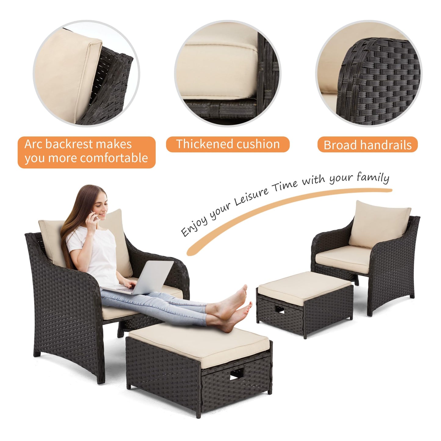 5-Piece Balcony Lounge Set with Cushions, Ottoman & Table – Khaki