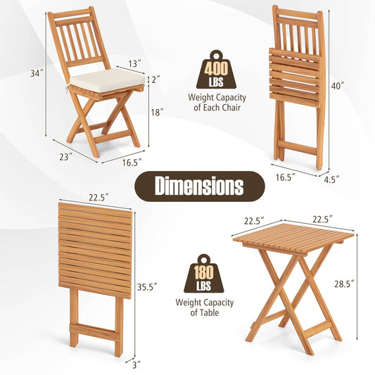3-Piece Outdoor Folding Bistro Set with Cushioned Chairs – Off White