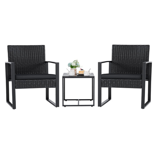 3-Piece Outdoor Patio Furniture Set – Modern Rattan Chairs with Coffee Table (Black)