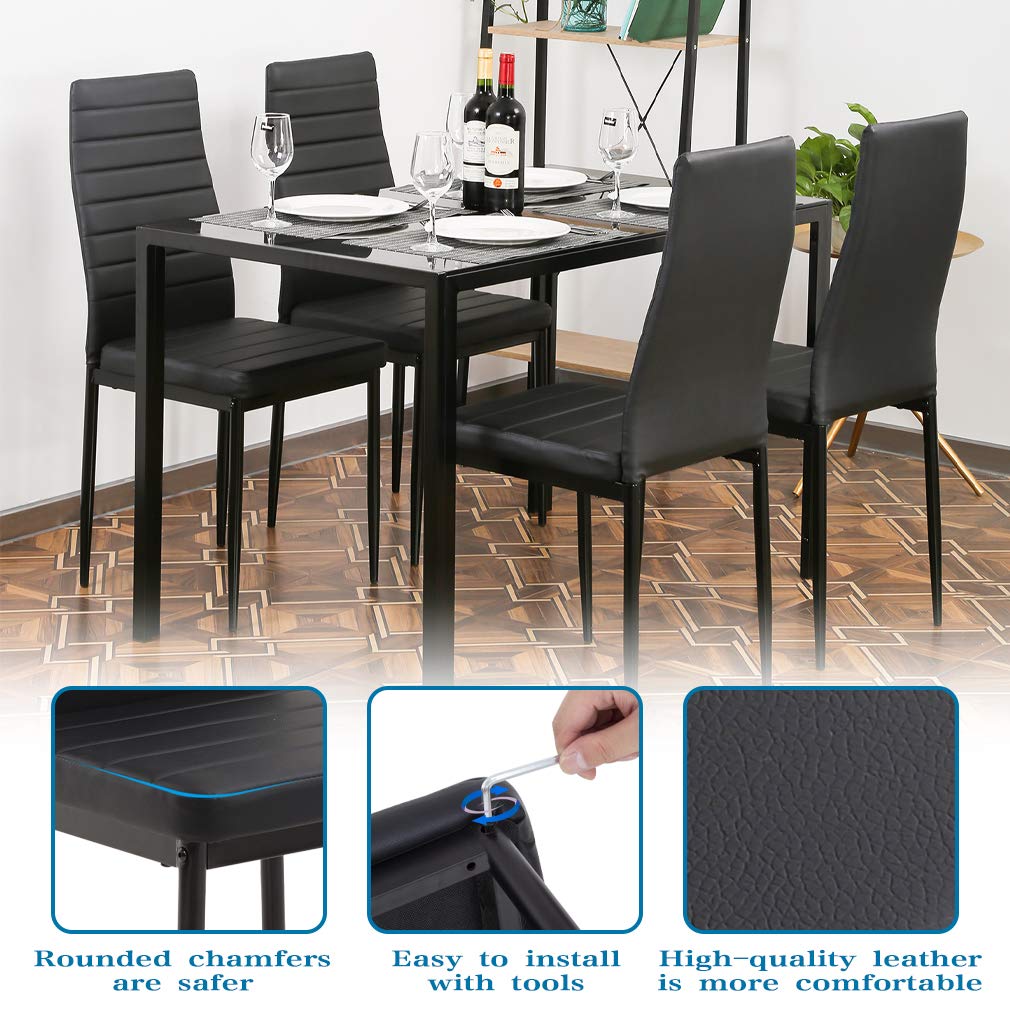 FDW 5-Piece Dining Set – Black Glass Table with 4 Faux Leather Chairs, Modern Space-Saving Design