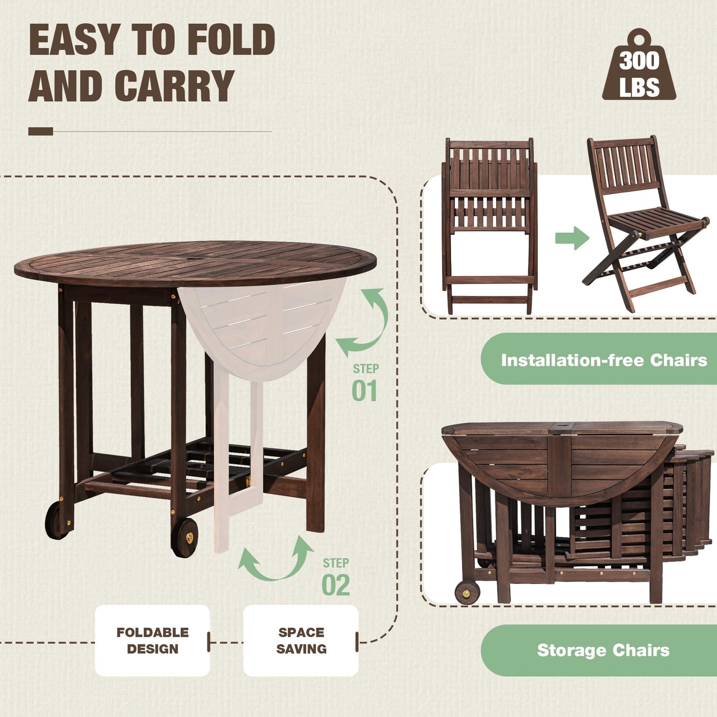 5-Piece Outdoor Dining Set with Folding Chairs & Round Wood Table – Brown
