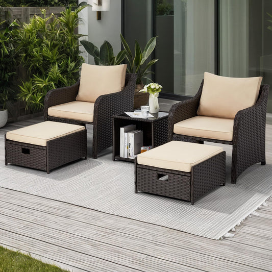 5-Piece Balcony Lounge Set with Cushions, Ottoman & Table – Khaki