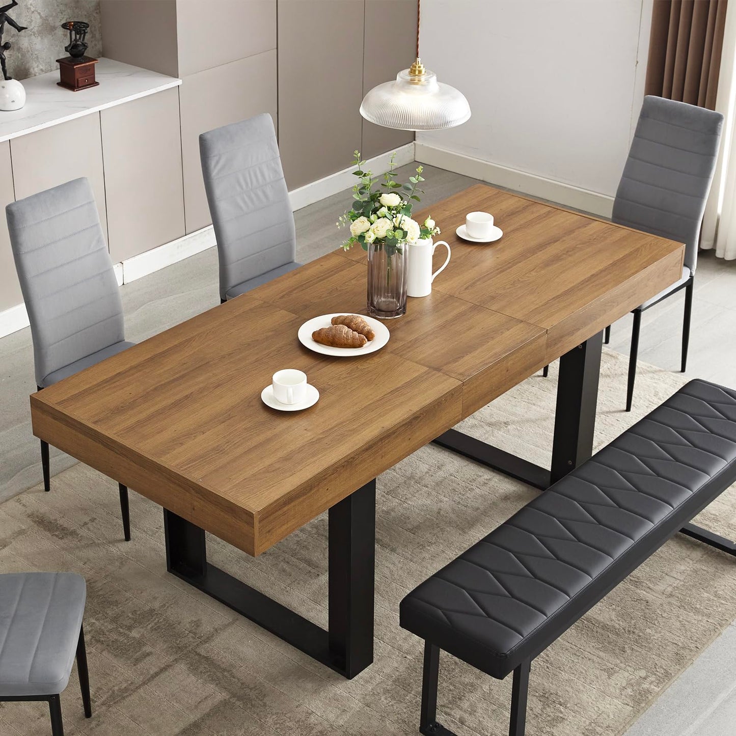STHOUYN 63”-79” Extendable Dining Table – Modern Farmhouse Wooden Table for 6-10, Walnut Brown